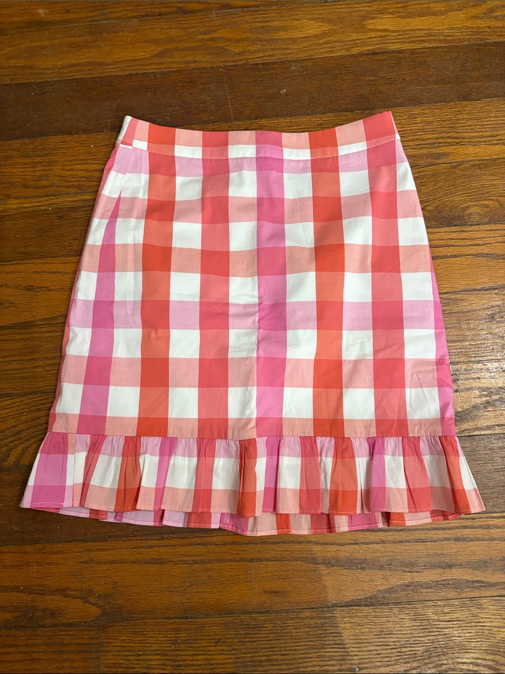 J. Crew Pink & Coral Gingham Ruffle Hem Mini Skirt Size 00